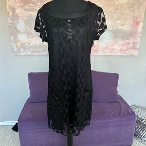 Enfocus Studio Black Sheath Mini Dress with Flutter Sleeves & Mesh overlay S/M